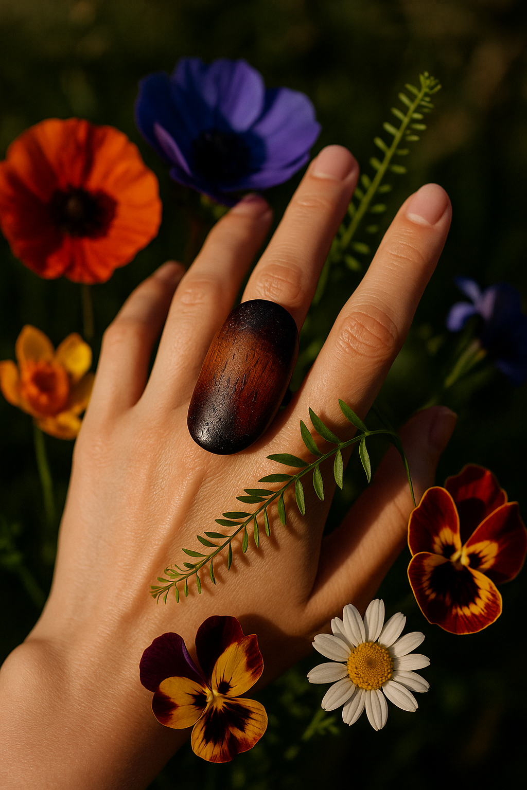 Рука з великим дерев'яним кільцем серед різнокольорових польових квітів на природному фоні